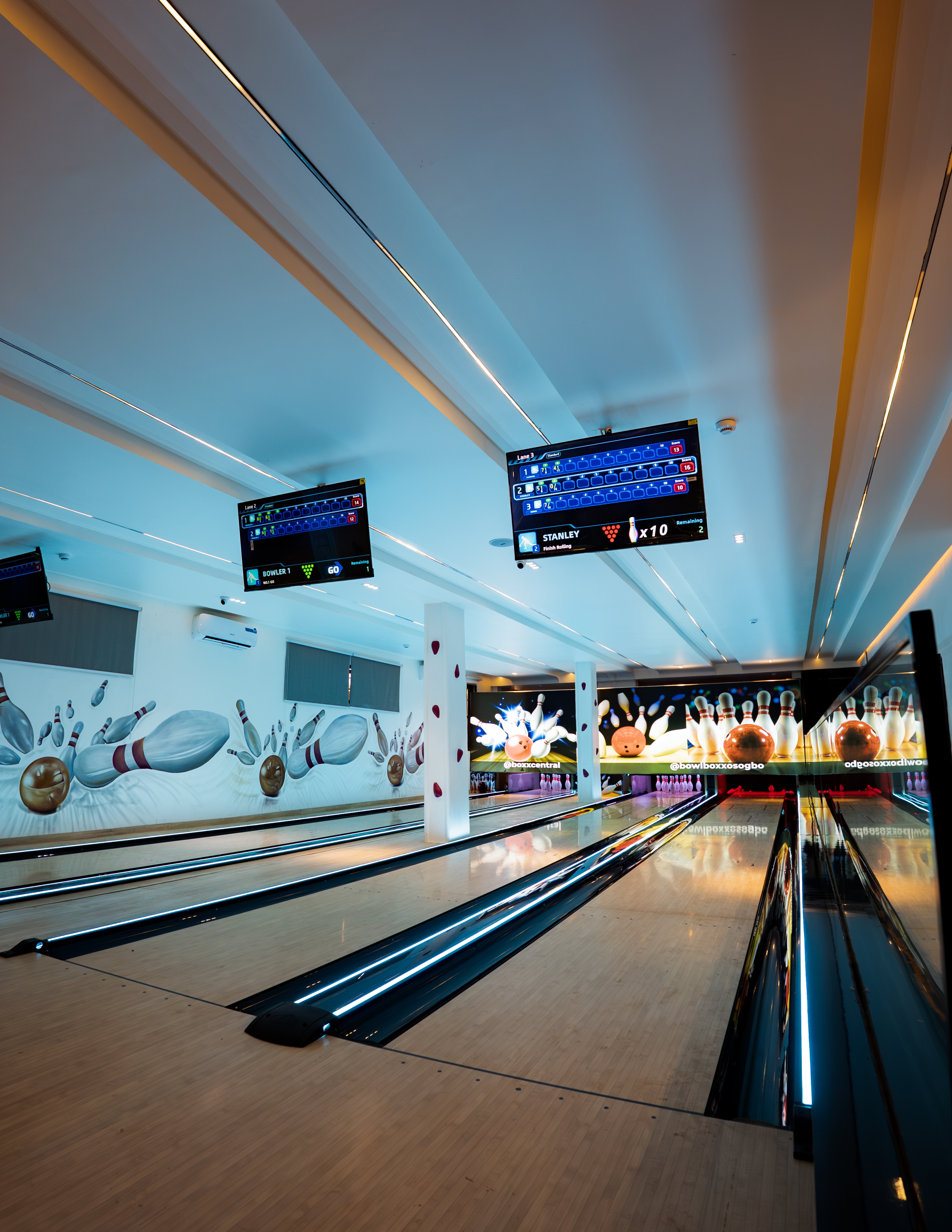 Bowling lanes at night