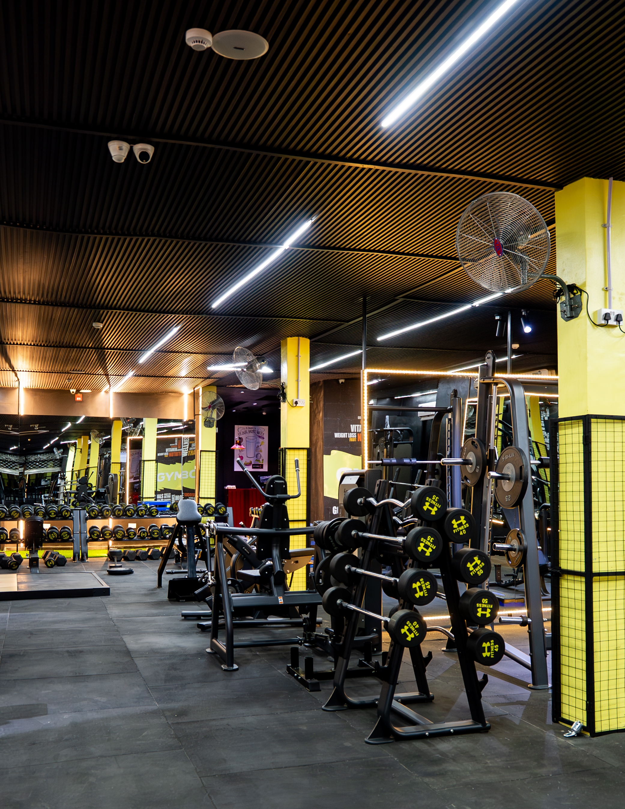 Free weights, racks, and cardio machines on the gym floor